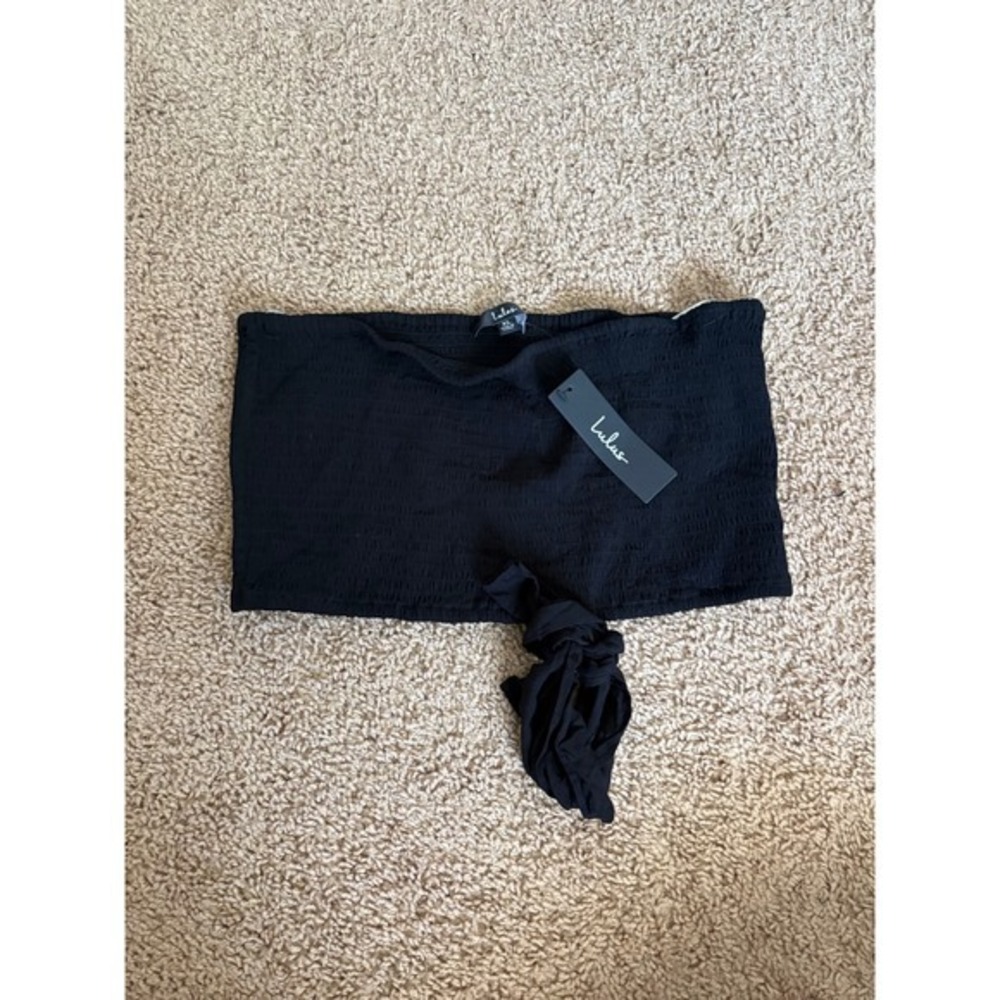 Lulus Black Smocked Tube Top Strapless Tie Hem Crop Top XL NEW